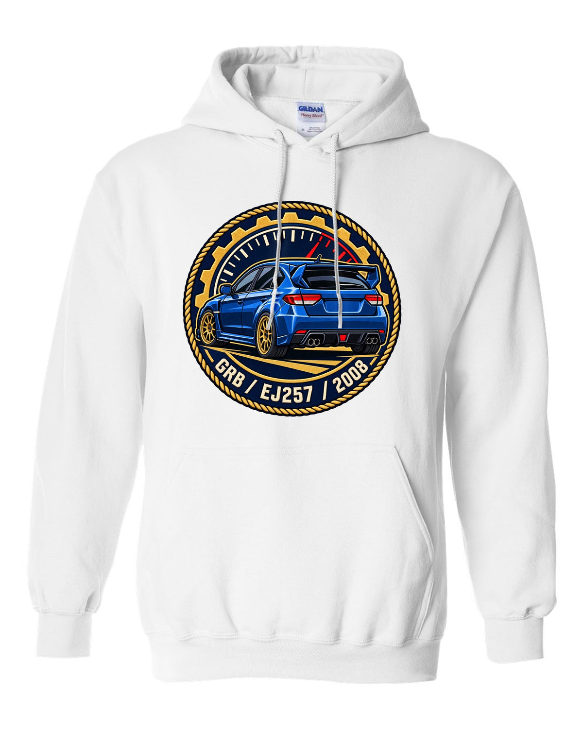 Subaru Impreza WRX STI GRB chback varsity crest print, GRB / EJ257 / 2008 white pull over hoodie front view with the design