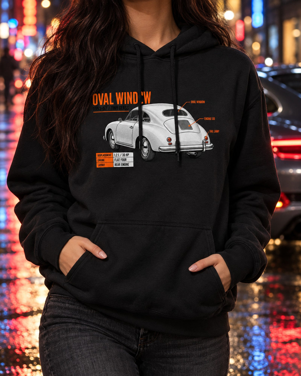 VW Beetle Oval Window 1953-57 Spec Poster Shirt, Car Tee Pull Over Hoodie Black worn hero