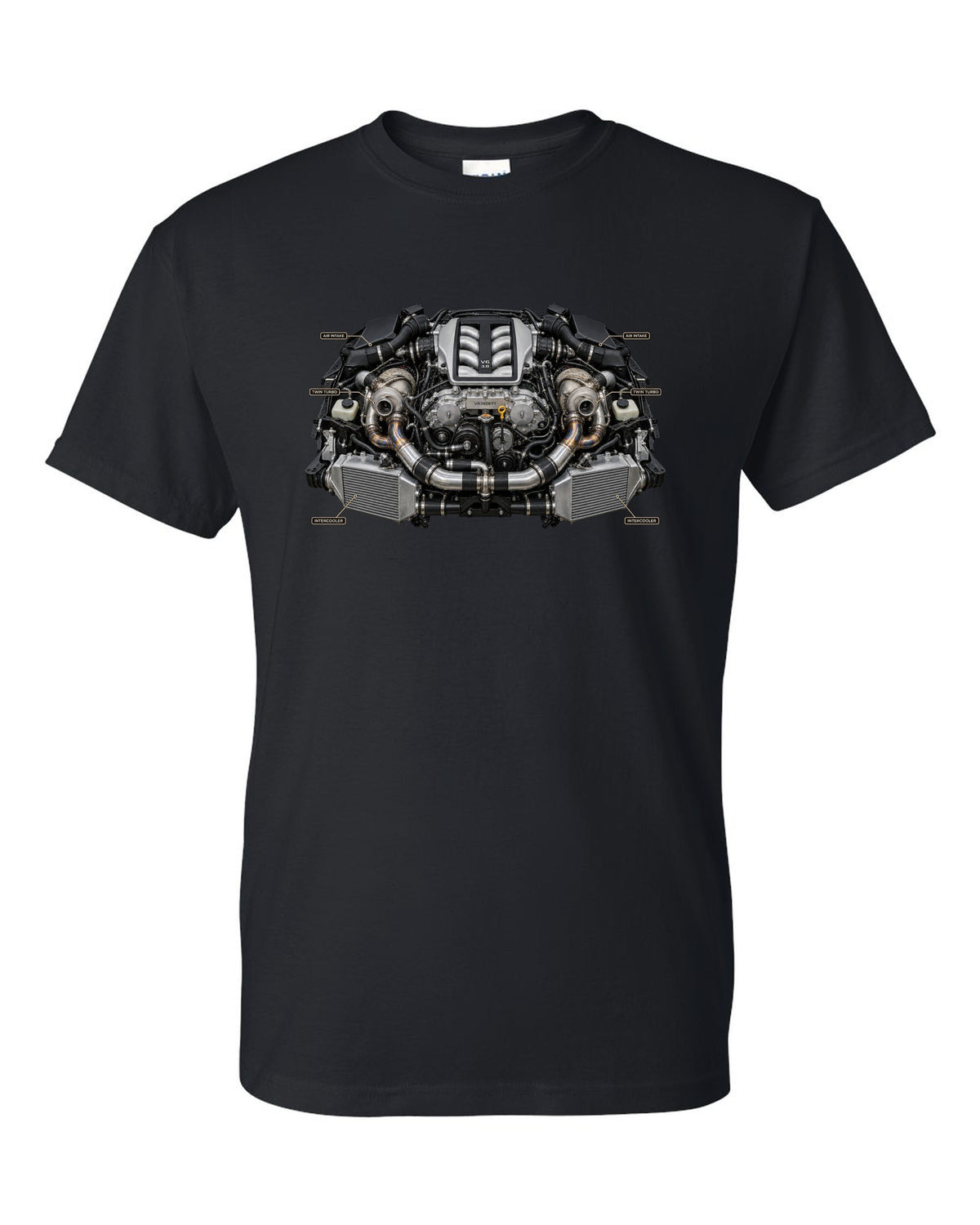 Nissan GT-R R35 Nismo three-view spec table print in graphite grey and red black t-shirt front view with the design