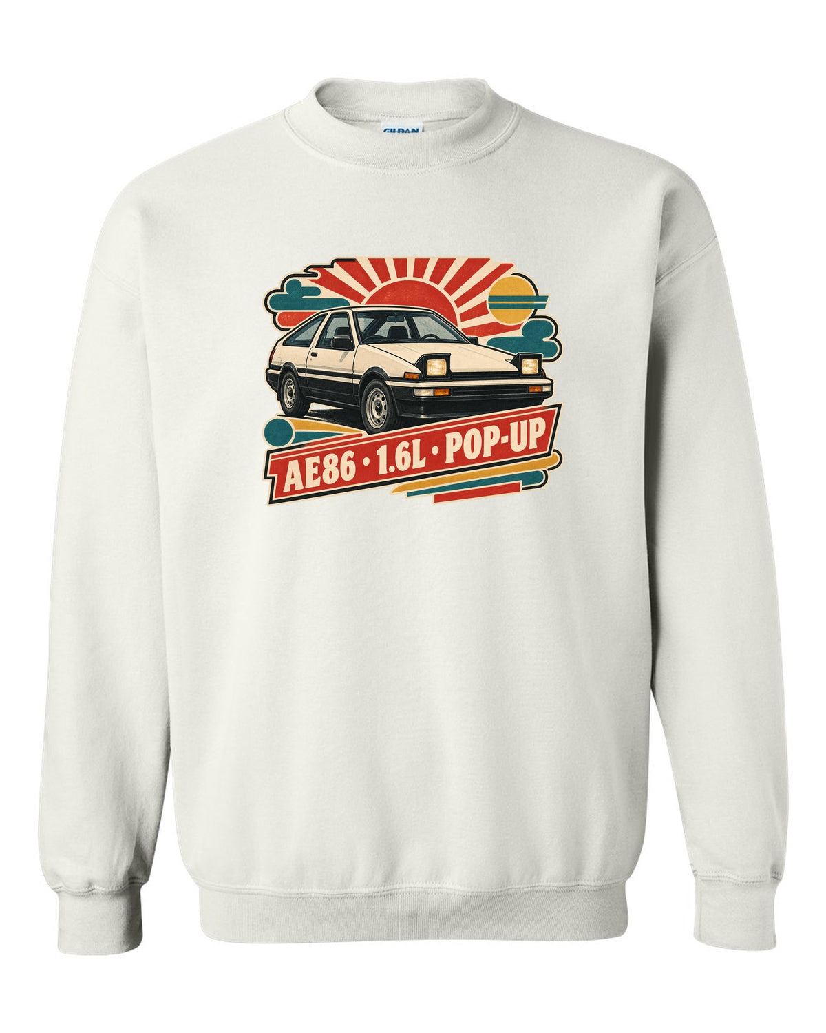 Retro Japanese Showa catalogue ad style print of a 1985 Toyota Sprinter Trueno AE86 with pop-up lettering white crewneck front view with the design