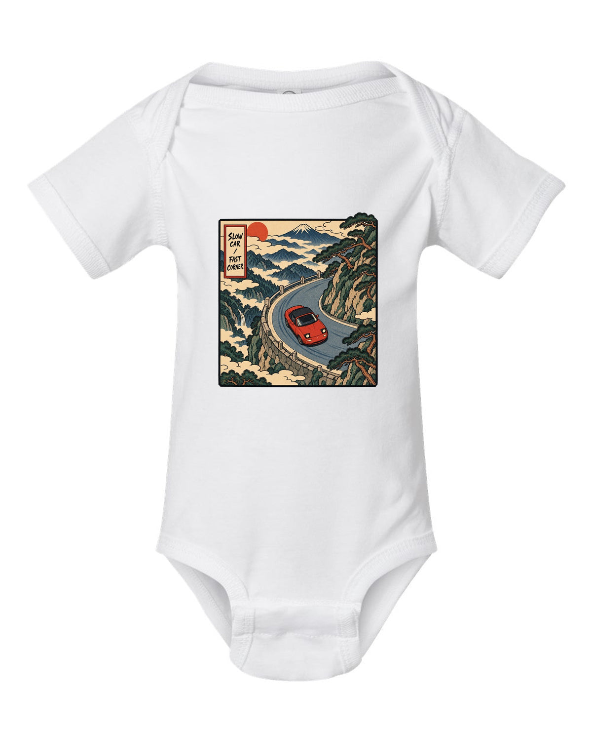 Flat silhouette row of Mazda MX-5 NA, NB, NC and ND generations white baby onesie front view with the design