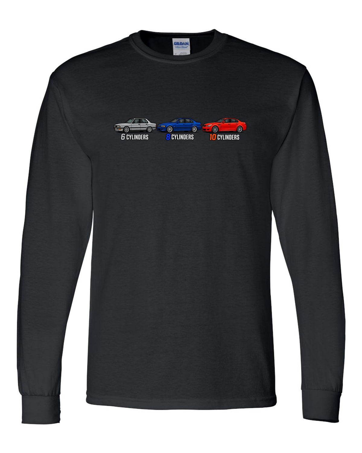 Generation lineup print of the BMW M5 E28, E39 and E60 with 6, 8 and 10 cylinders text black long sleeve front view with the design