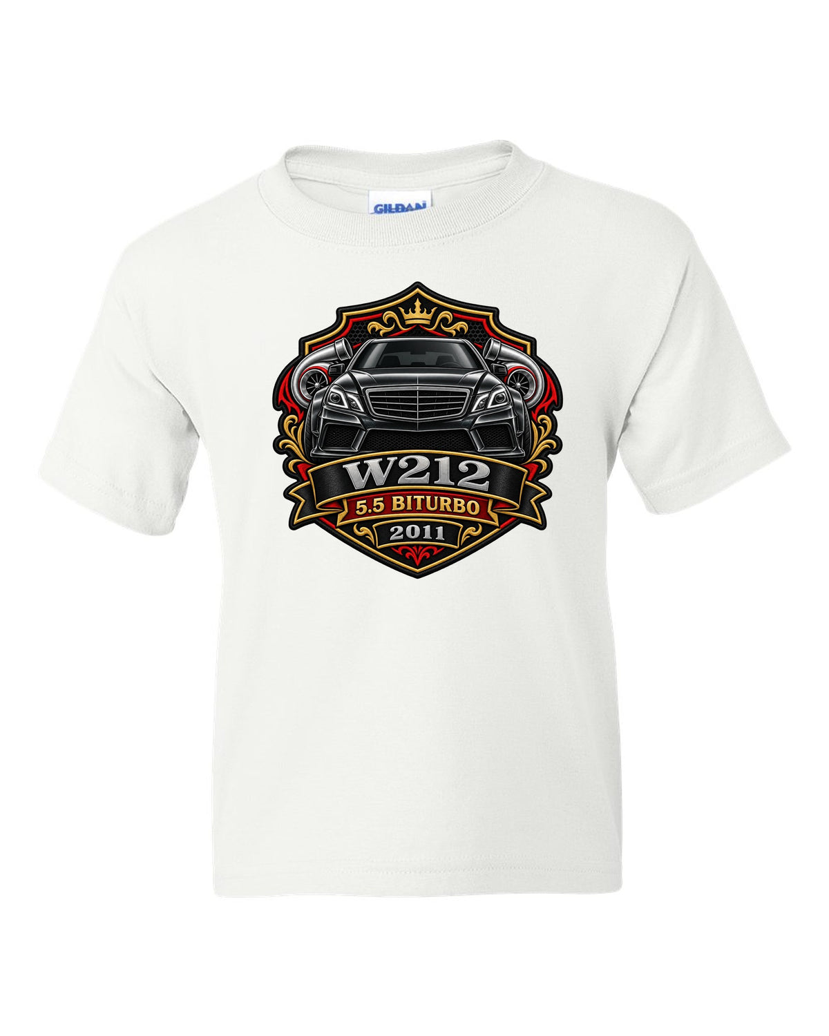 Varsity crest graphic reading W212 5.5 Biturbo 2011 for the Mercedes E63 W212, print white kids tee front view with the design