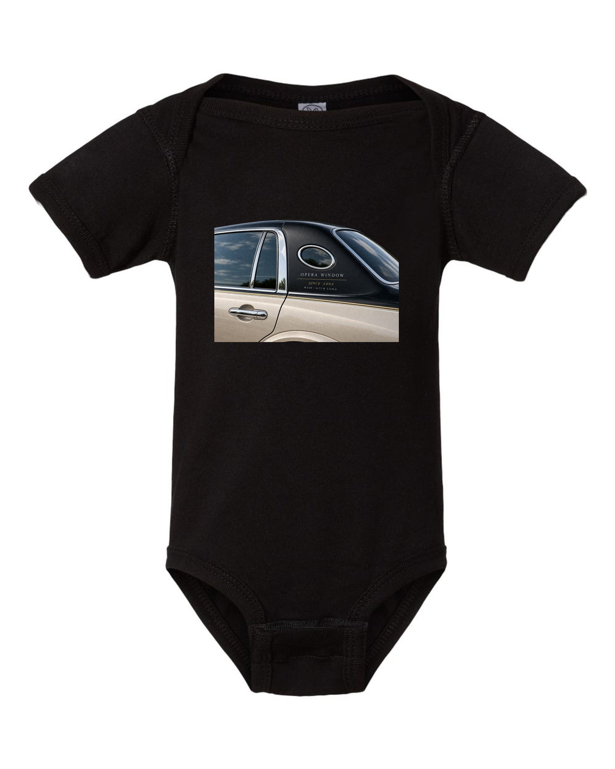 Detail macro print of a Maybach 62 W240 opera window with Since 2002 lettering black baby onesie front view with the design