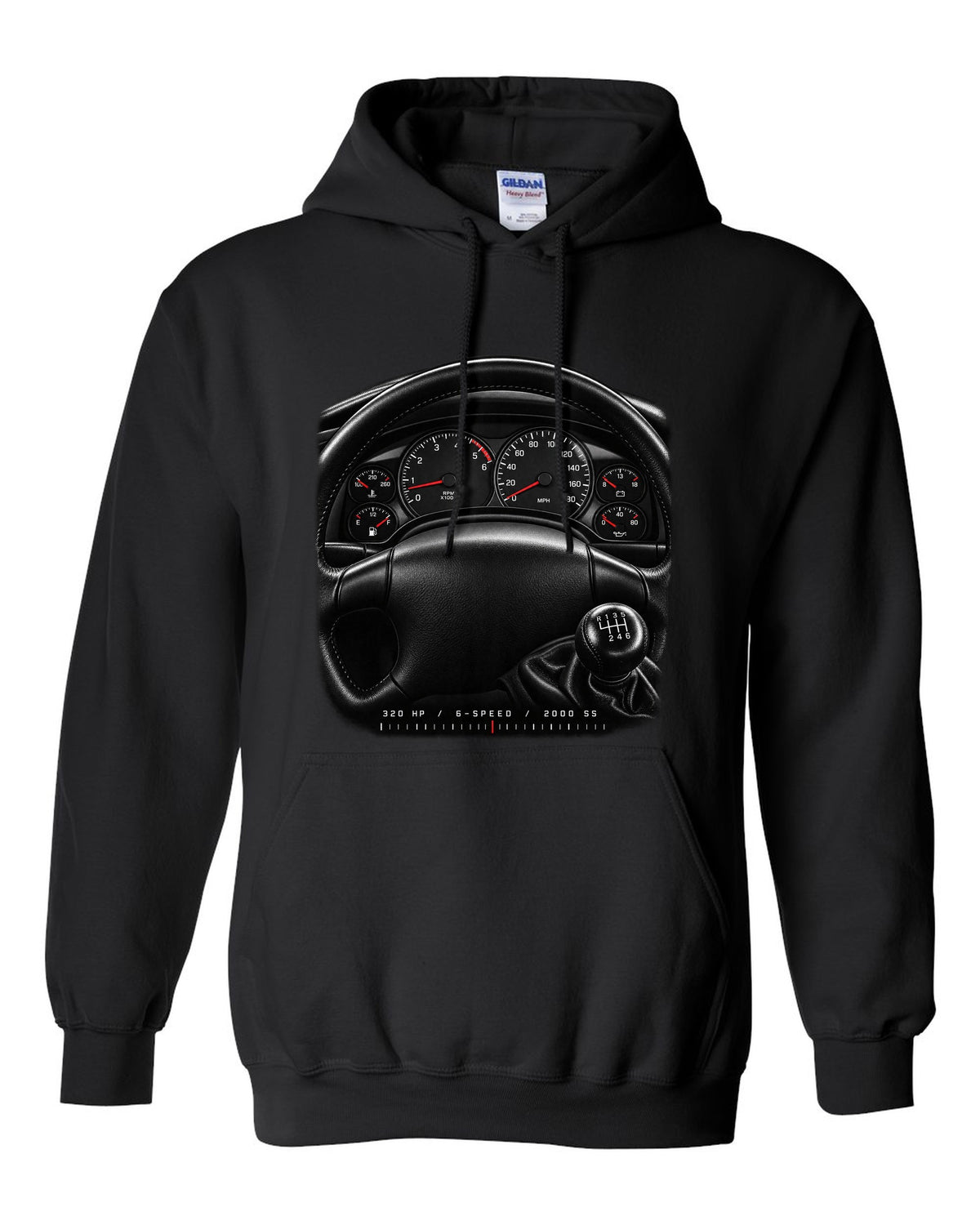 Gauge cluster print of a 2000 fourth-gen Chevrolet Camaro SS with 320 hp and 6-speed text black pull over hoodie front view with the design