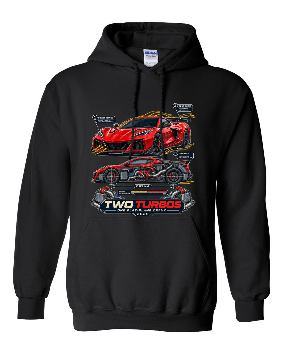 print of a Chevrolet Corvette C8 ZR1 cutaway with callouts for twin turbos and flat-plane crank black pull over hoodie front view with the design