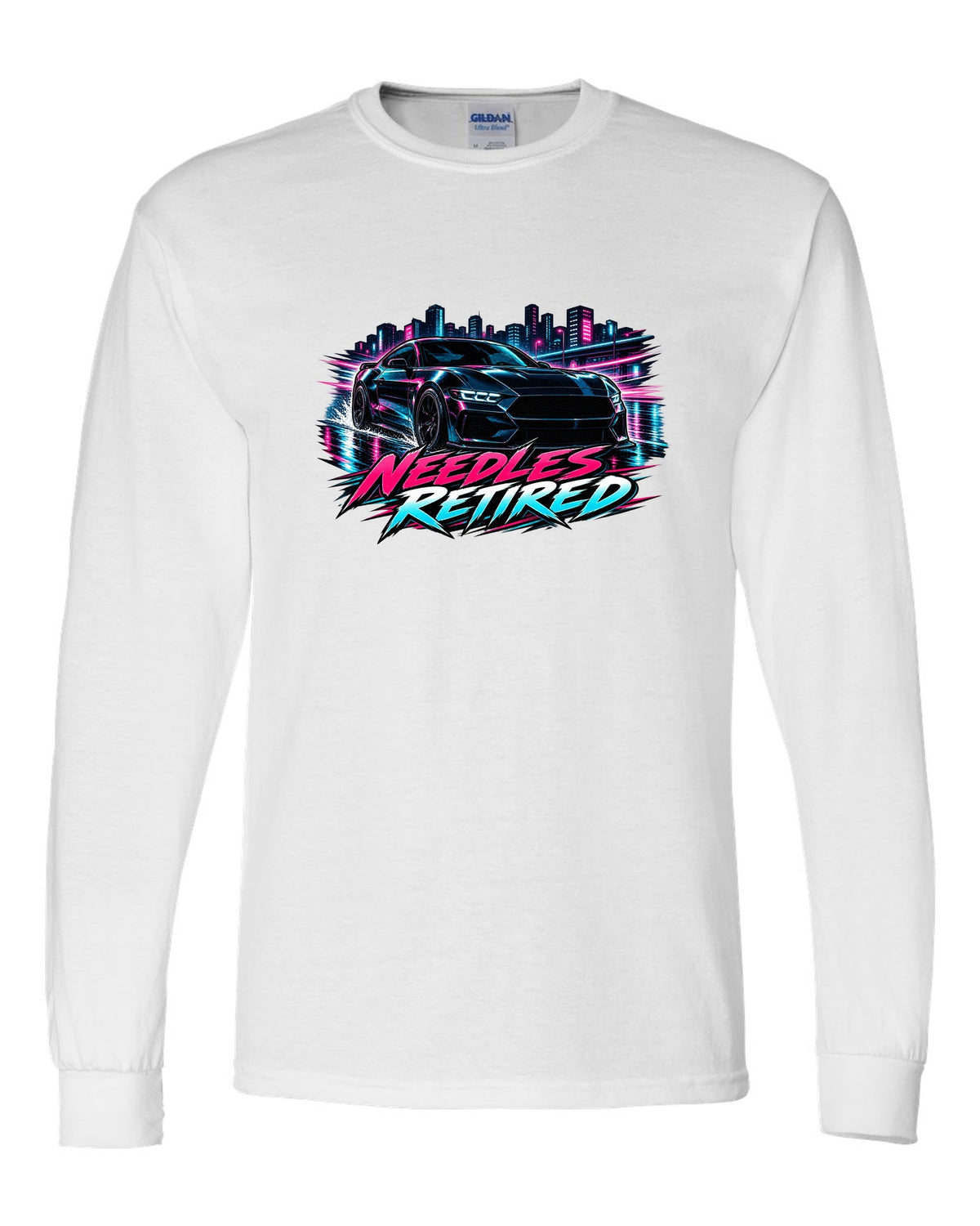 Cel-shaded anime night touge print of a 2024 S650 Mustang coupe with Needles Retired text white long sleeve front view with the design