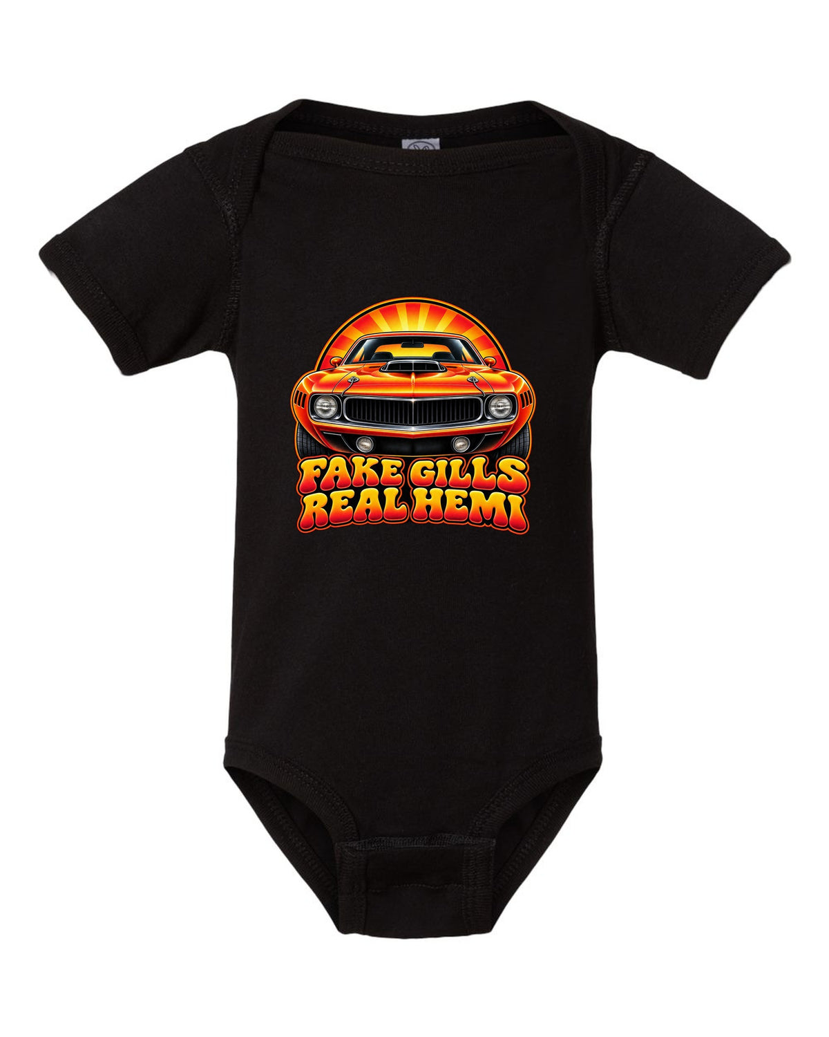 Retro 70s airbrush sunburst design with a 1970 Plymouth Hemi Cuda and fake gills real Hemi text black baby onesie front view with the design