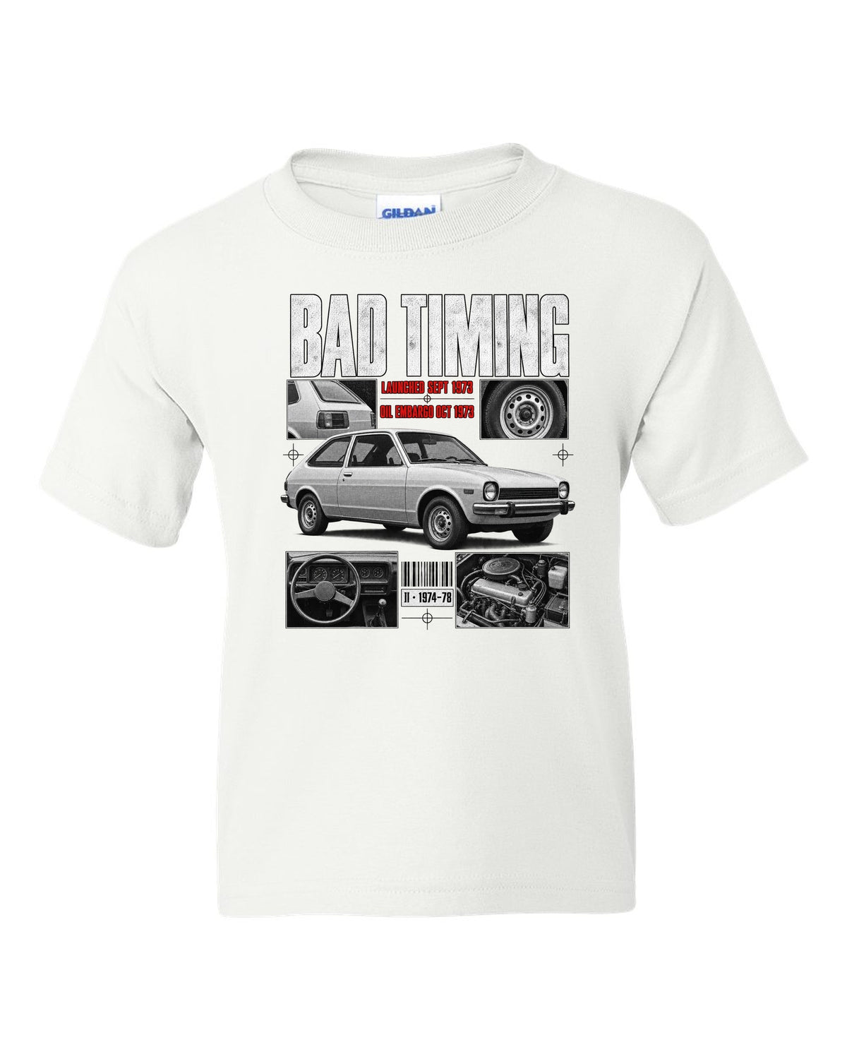 Dossier panel illustration of a 1974 Ford Mustang II chback with bad timing lettering white kids tee front view with the design