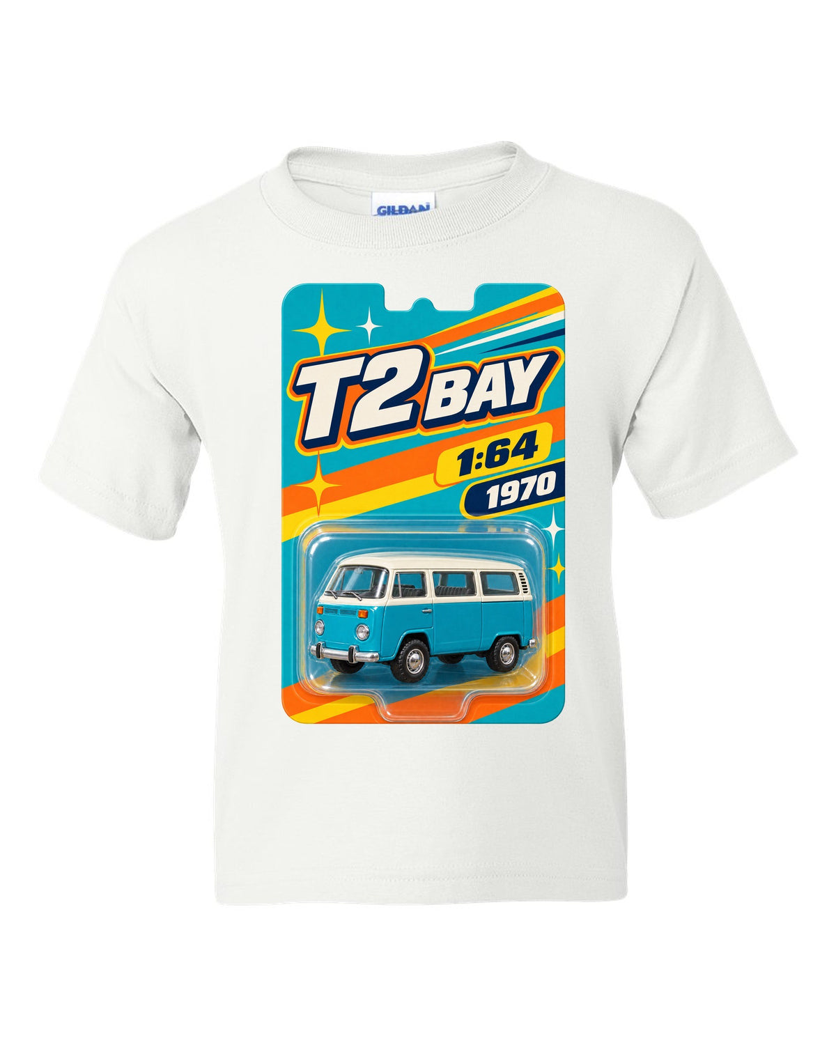 Toy-card blister pack style print of a 1970 VW Bus T2 bay window at 1:64 white kids tee front view with the design