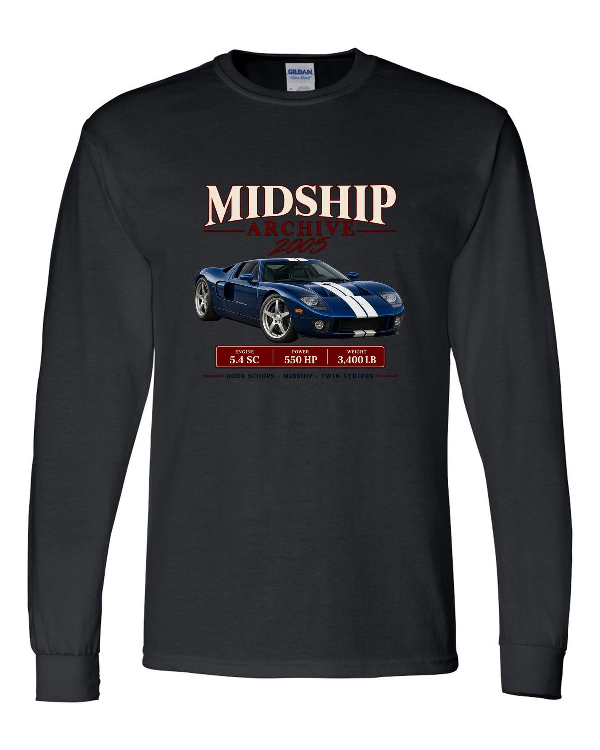 Ford GT 2005-06 midship archive panel print with door scoops, 5.4 SC and 550 HP black long sleeve front view with the design