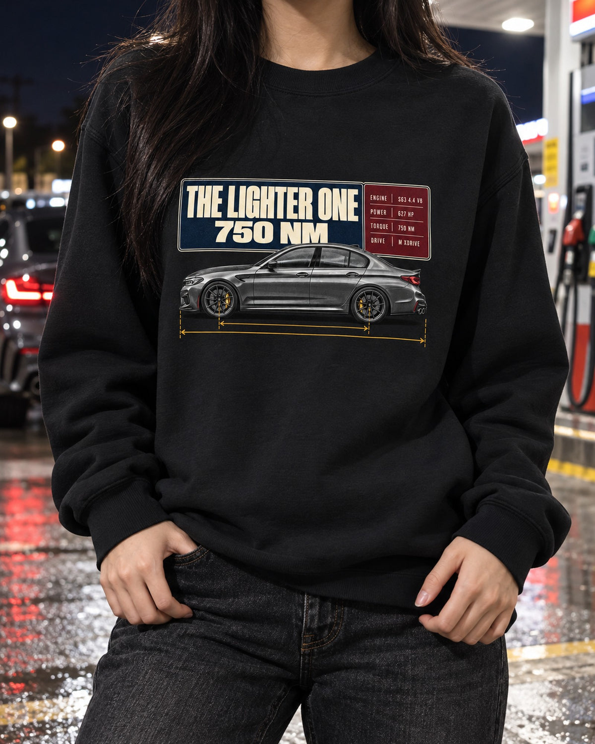 BMW M5 F90 CS Spec Poster Tee, The Lighter One Crewneck Black worn hero