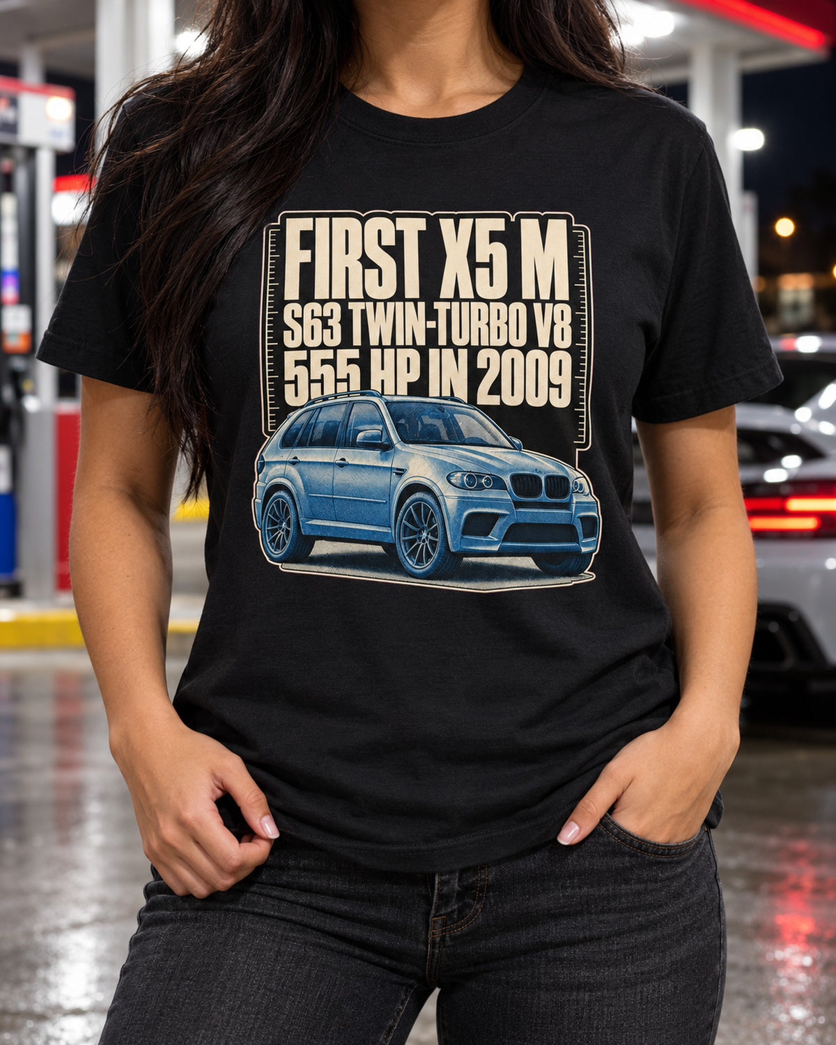 BMW X5 M E70 Halftone Tee, First X5 M With S63 Twin-Turbo T-Shirt Black worn hero