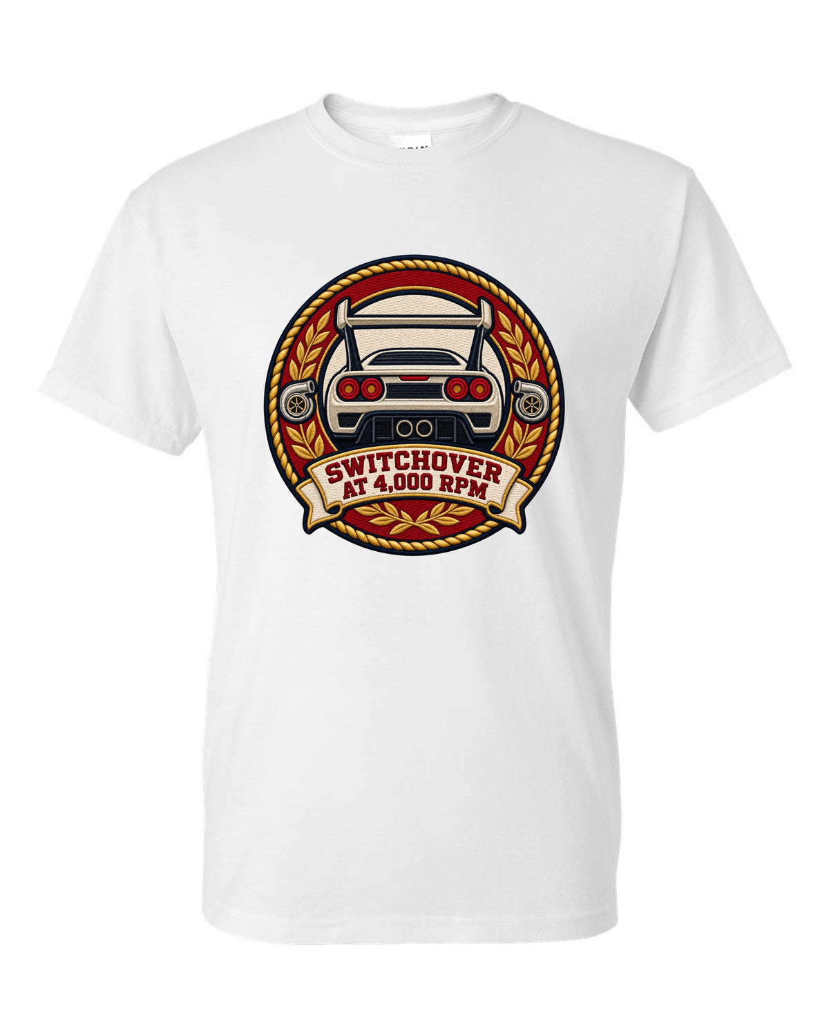 Varsity crest design for the Toyota Supra A80 JZA80 twin turbo white t-shirt front view with the design