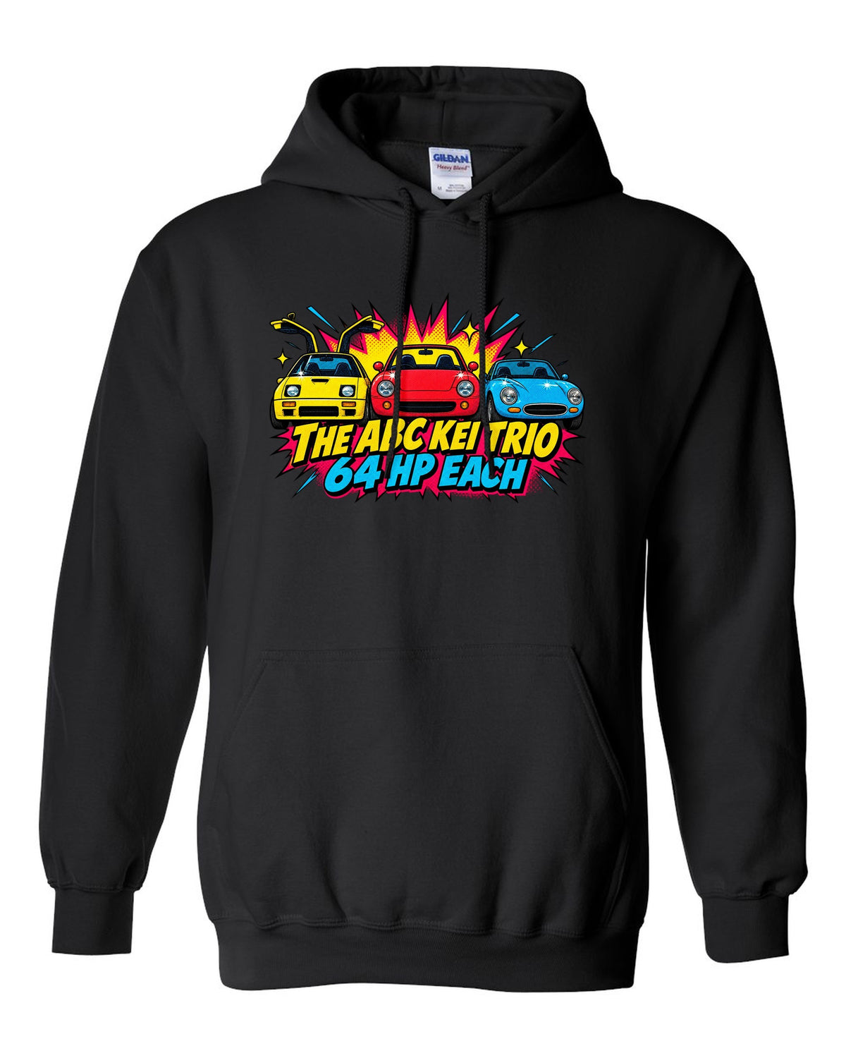Comic halftone pop-art of the Autozam AZ-1, Honda Beat and Suzuki Cappuccino with 64 hp each black pull over hoodie front view with the design