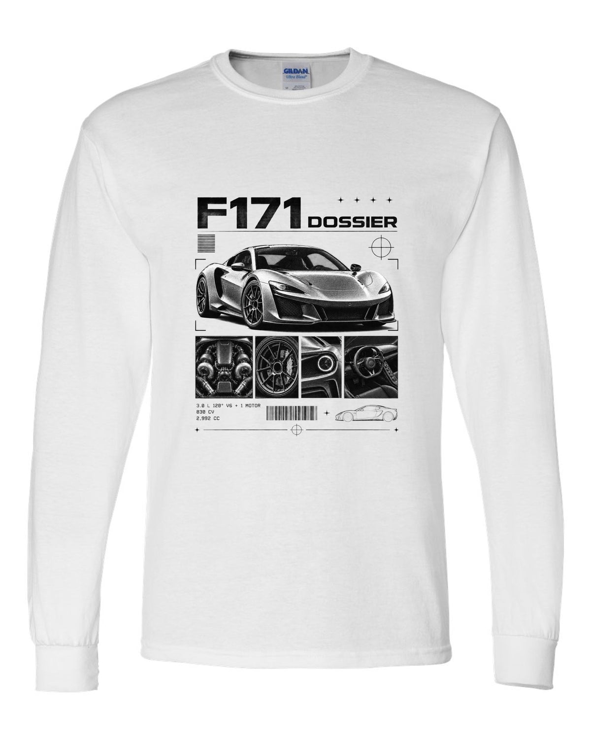 Dossier panel print of a Ferrari 296 GTB F171 with 3.0 L 120 degree V6 plus one motor, 830 CV white long sleeve front view with the design