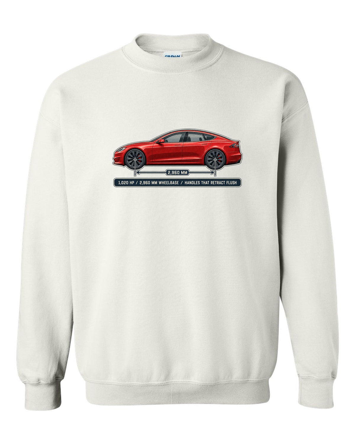 Tesla Model S Plaid Dimension Blueprint white crewneck front view with the design