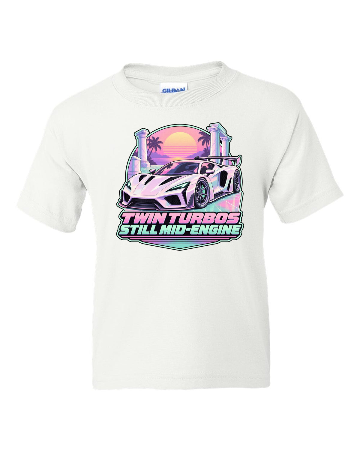 Badge crest design of a 2023 C8 Corvette Z06 with wide rear haunches white kids tee front view with the design