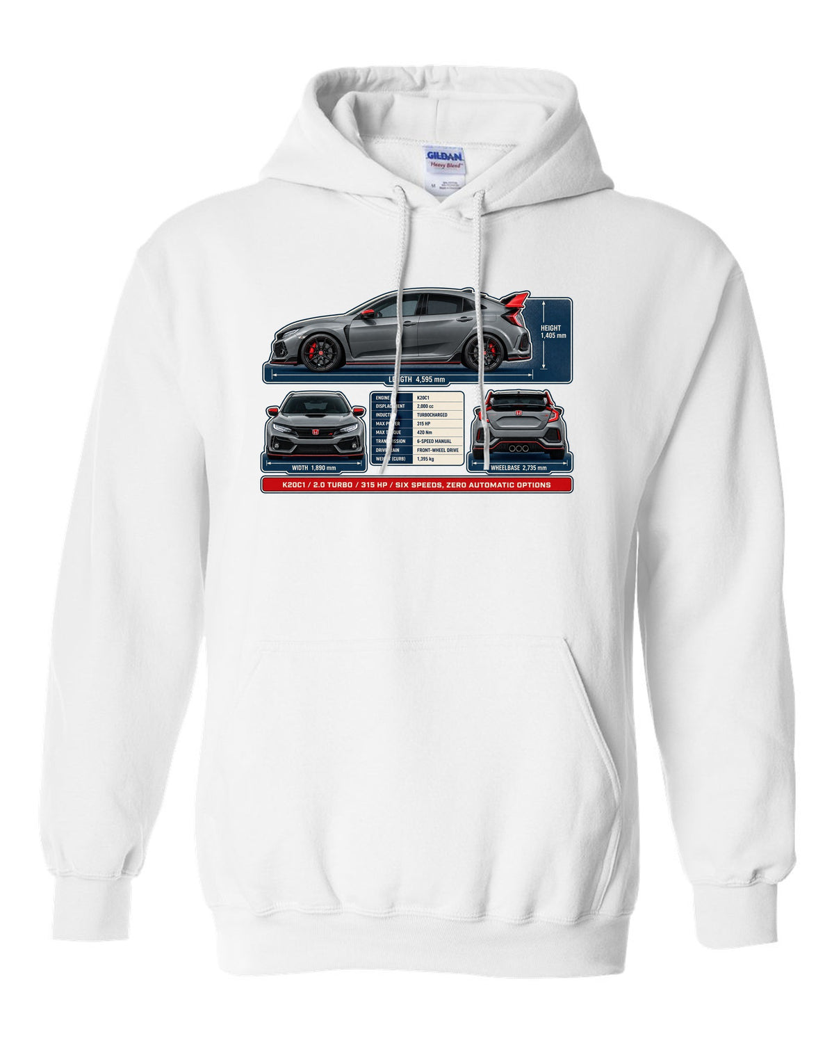 print dimension blueprint of a Honda Civic Type R FL5 in warm grey white pull over hoodie front view with the design