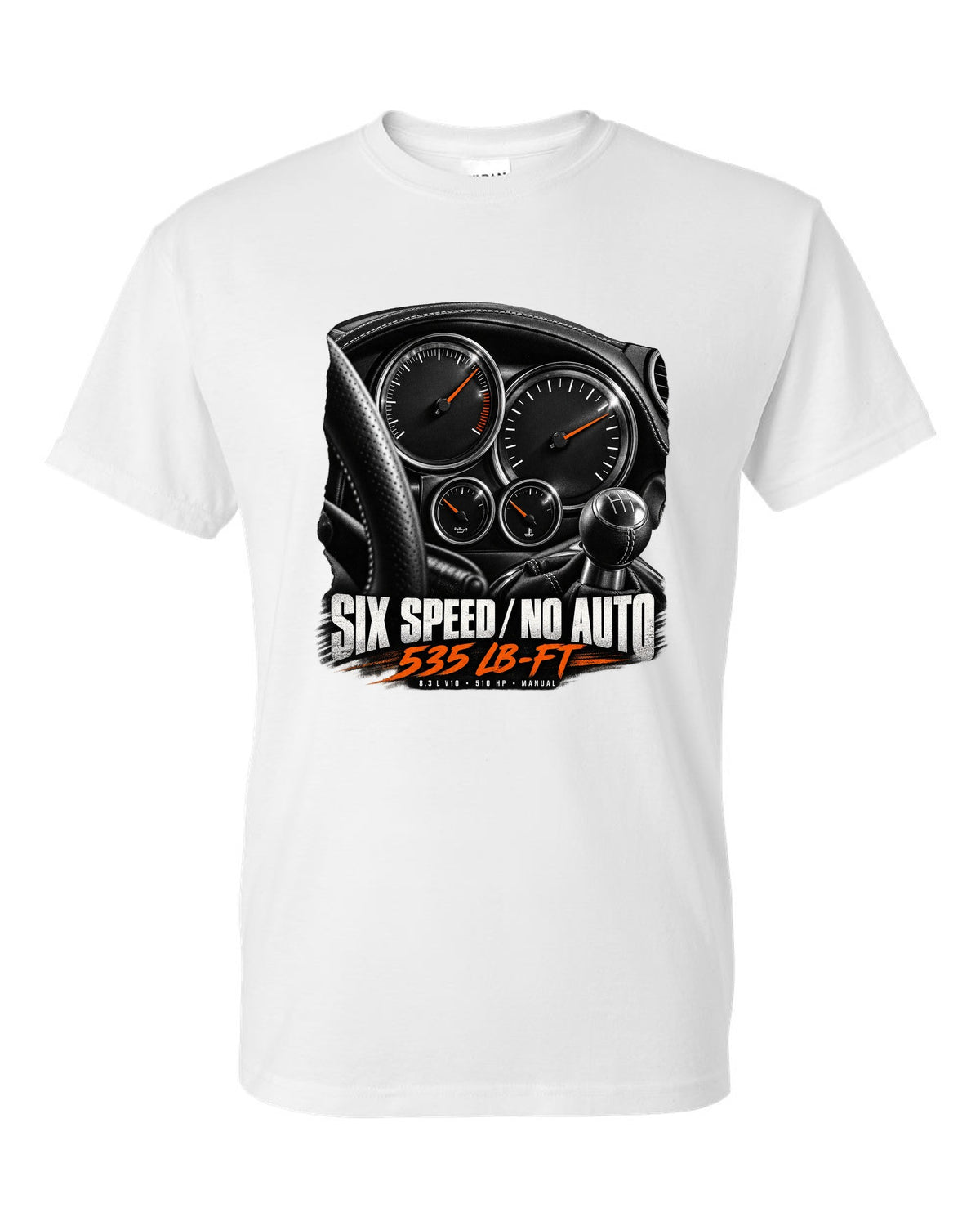 2006 Dodge Viper SRT-10 ZB I instrument gauge cluster print with six speed lettering white t-shirt front view with the design