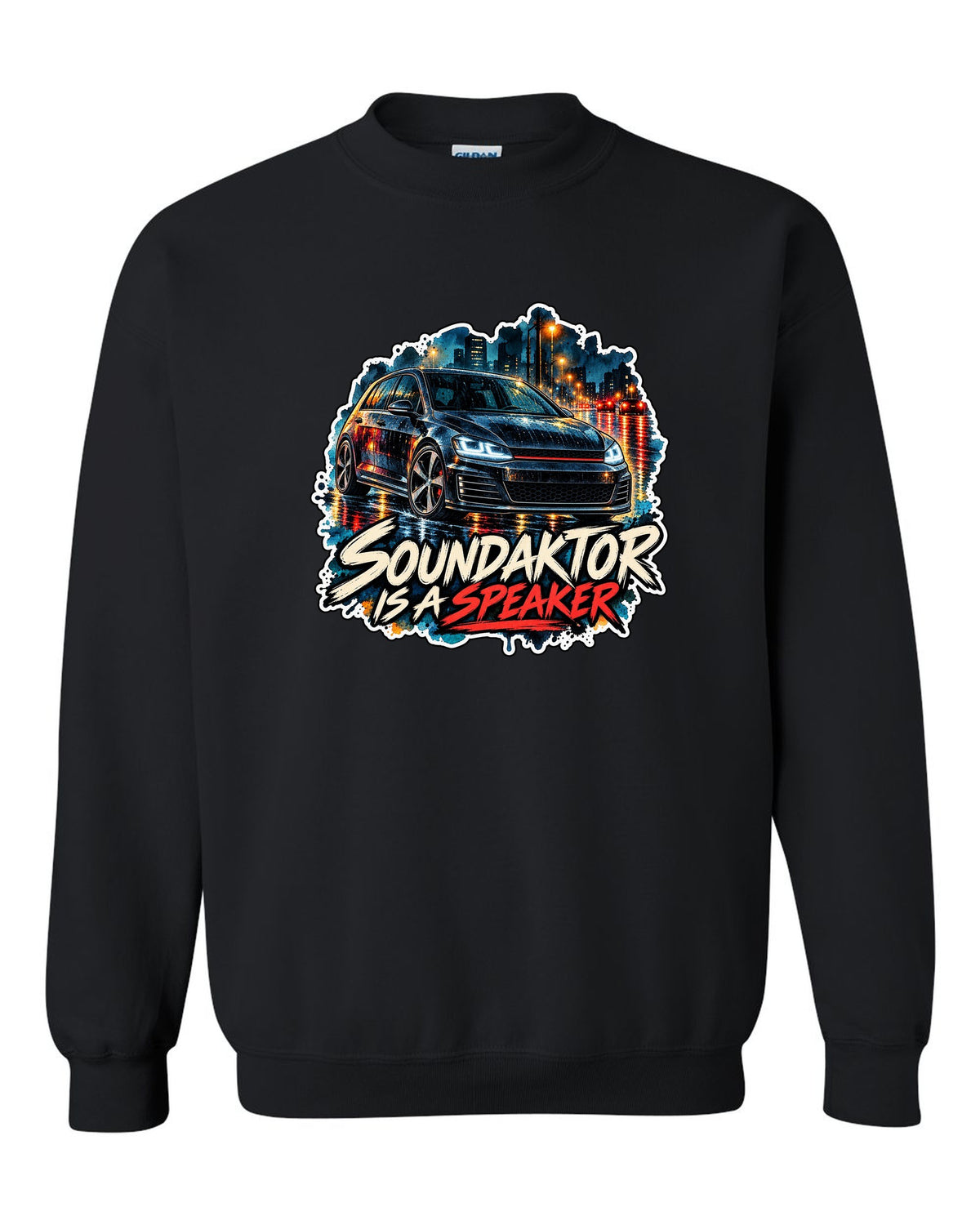 Watercolour wet-road night scene of a VW Golf Mk7 GTI with Soundaktor is a speaker text black crewneck front view with the design