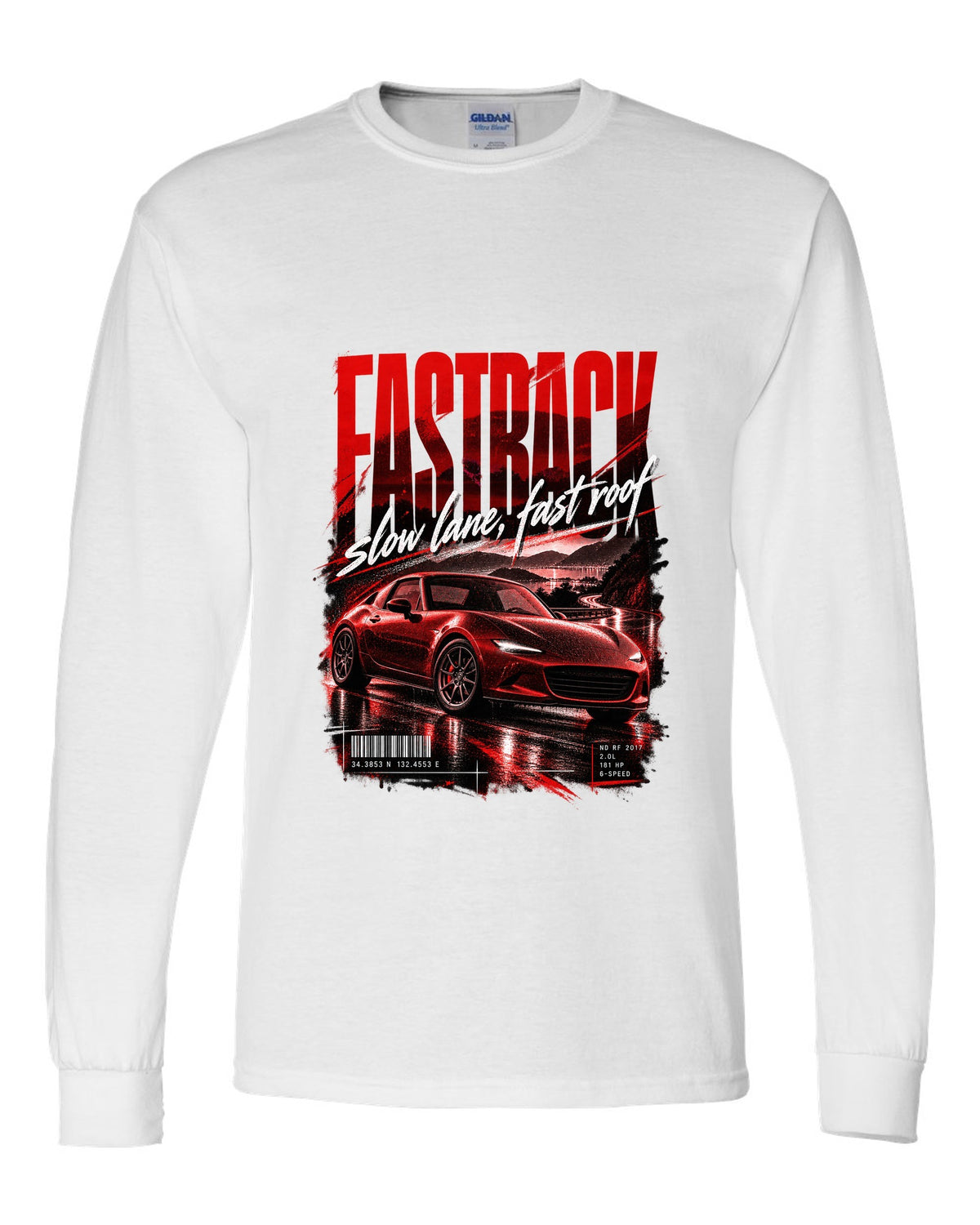 Street poster print for the 2017 Mazda MX-5 ND RF reading fastback, slow lane, fast roof white long sleeve front view with the design