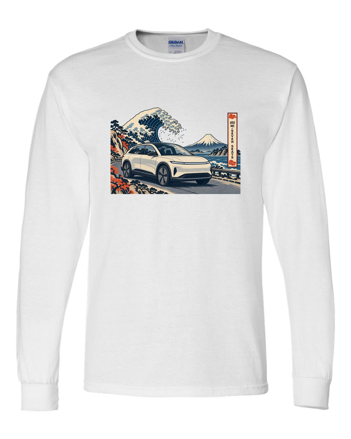 Lucid Gravity ukiyo-e woodblock ridge line print with the text 450 mi seven seats white long sleeve front view with the design