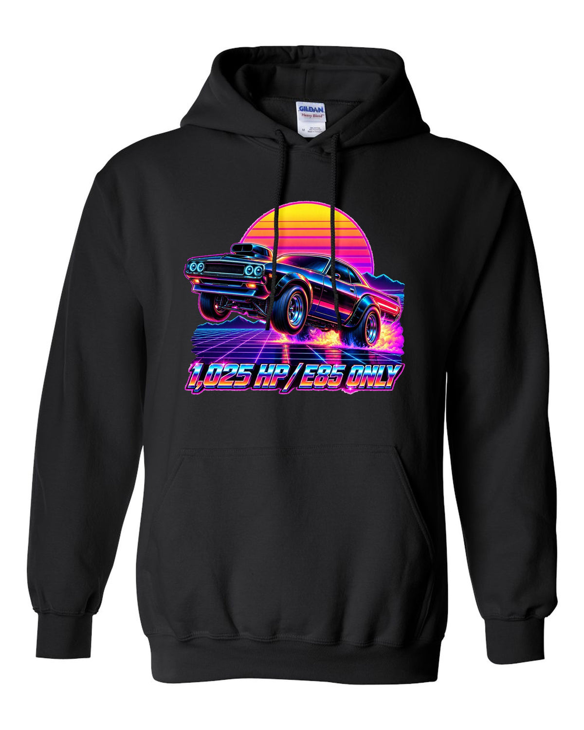 2023 Dodge Challenger Demon 170 synthwave neon outrun print with 1,025 HP E85 Only text black pull over hoodie front view with the design