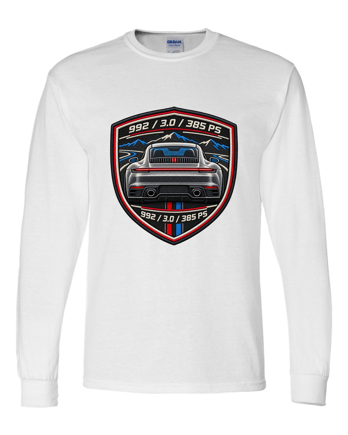 Round crest print of a Porsche 911 992 with the text 992, 3.0 and 385 PS white long sleeve front view with the design