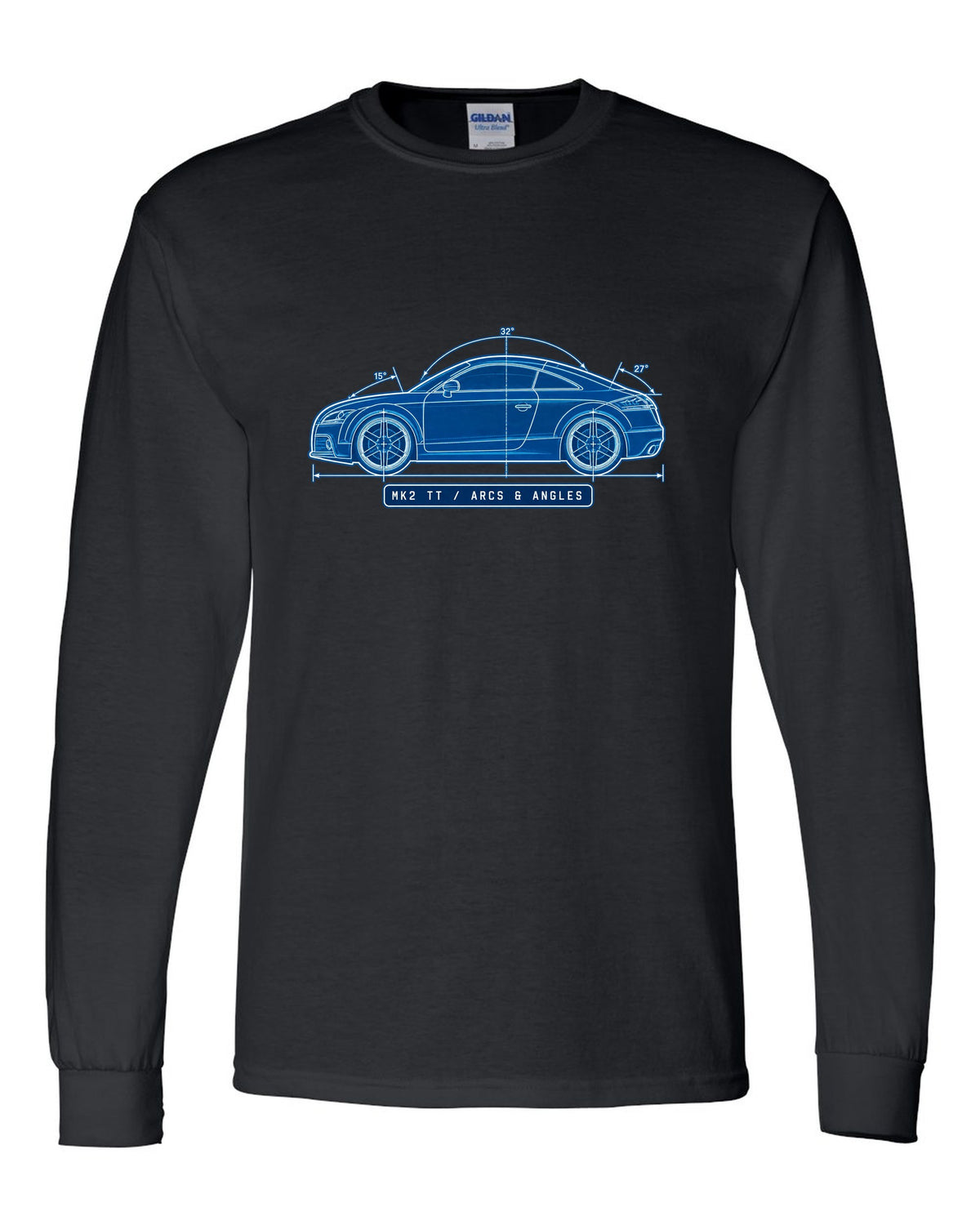 Cyanotype negative blueprint print of an Audi TT 8J coupe with Mk2 TT text black long sleeve front view with the design