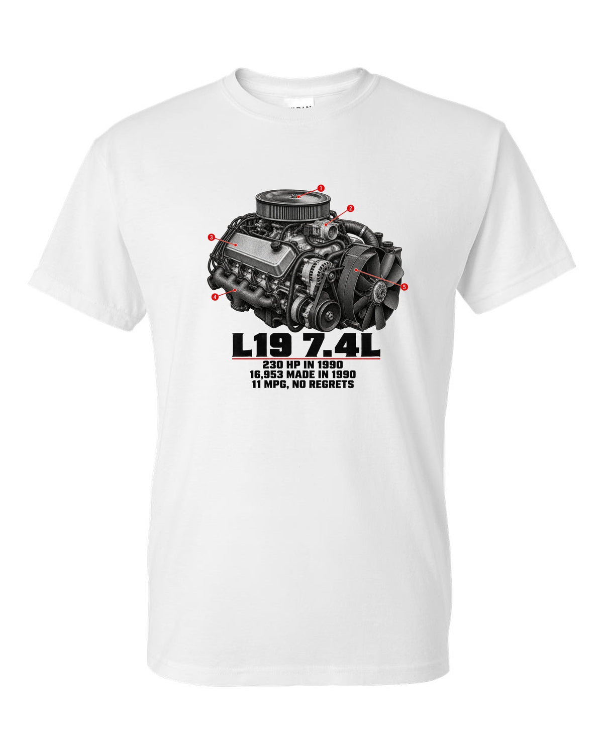 Engine print of a 1990-93 Chevrolet 454 SS pickup with L19 7.4L and 230 HP text white t-shirt front view with the design