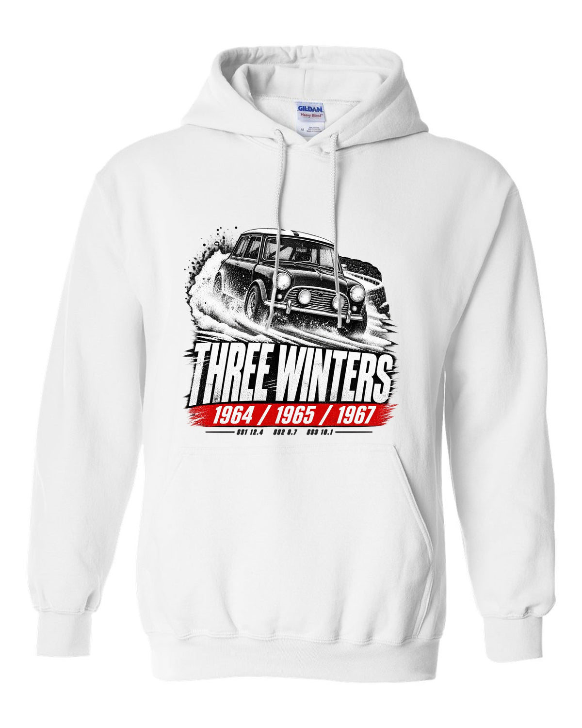 Race poster print of a 1964 Classic Mini Cooper S Mk I rally car with three winters text white pull over hoodie front view with the design