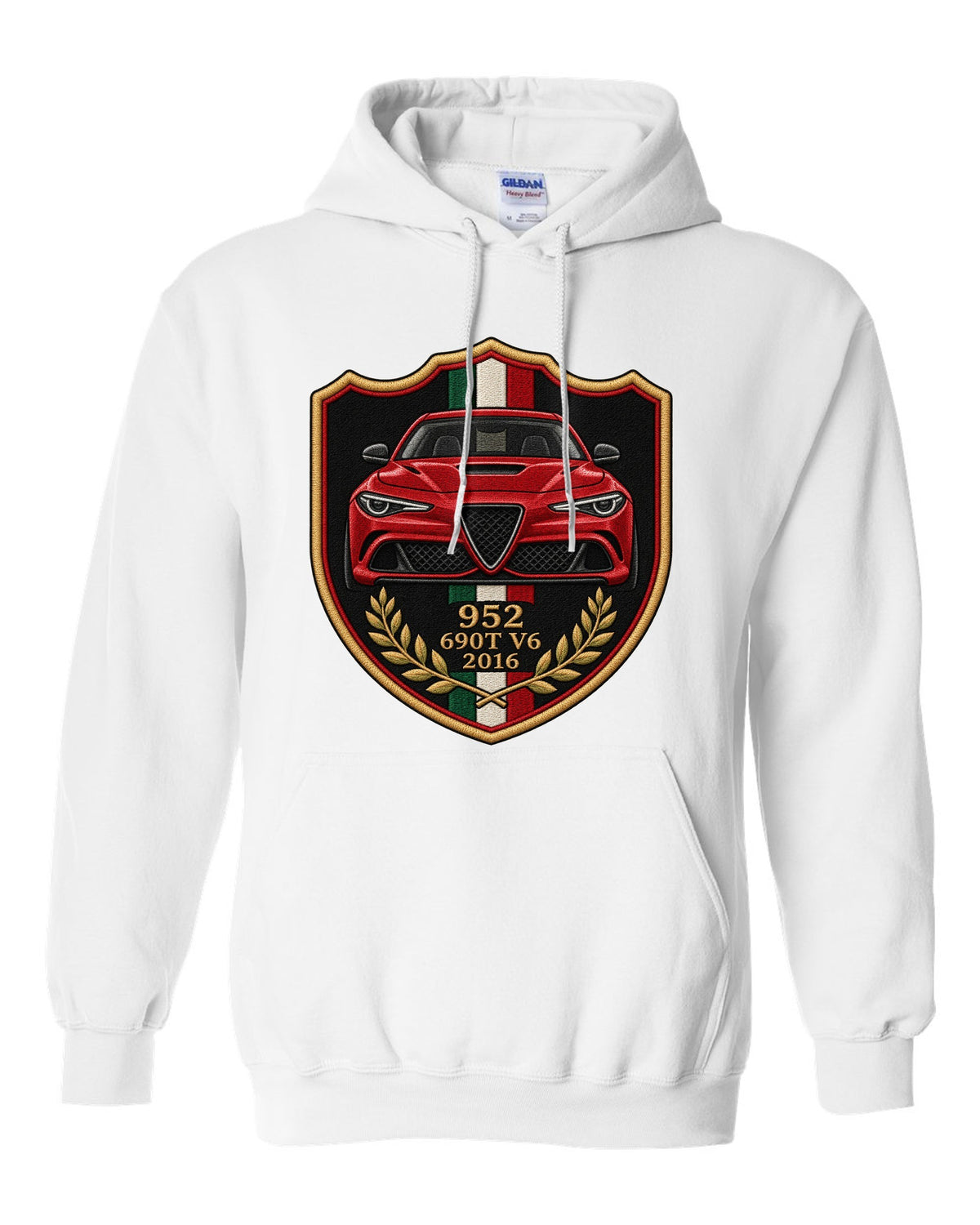 Embroidery style varsity crest for an Alfa Romeo Giulia Quadrifoglio 952 with 690T V6 and 2016 white pull over hoodie front view with the design