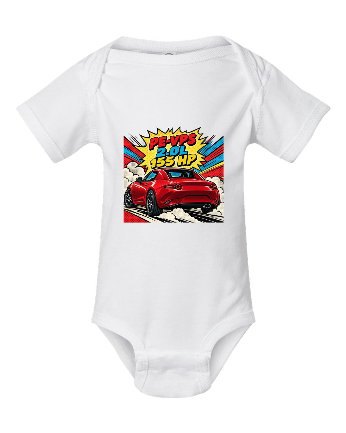 Comic halftone pop art Mazda MX-5 ND RF with PE-VPS 2.0L 155 HP spec line white baby onesie front view with the design