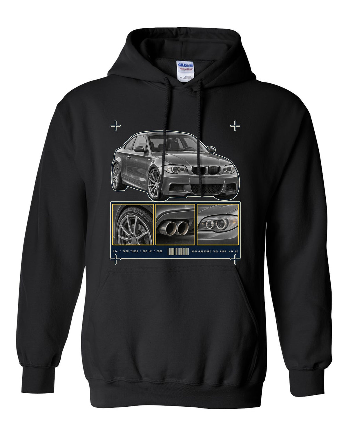 BMW 135i E82 coupe dossier panel print with N54 specs black pull over hoodie front view with the design