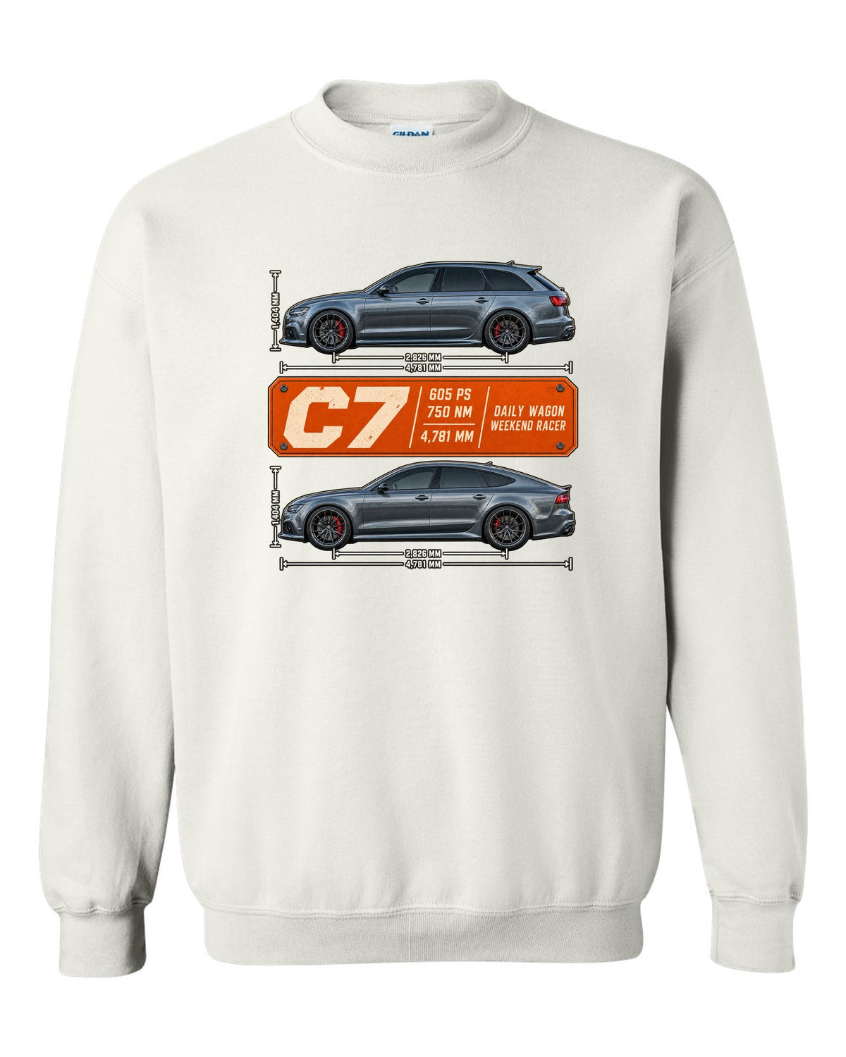Audi RS4 Avant B9 spec poster print with 450 PS and 600 Nm white crewneck front view with the design