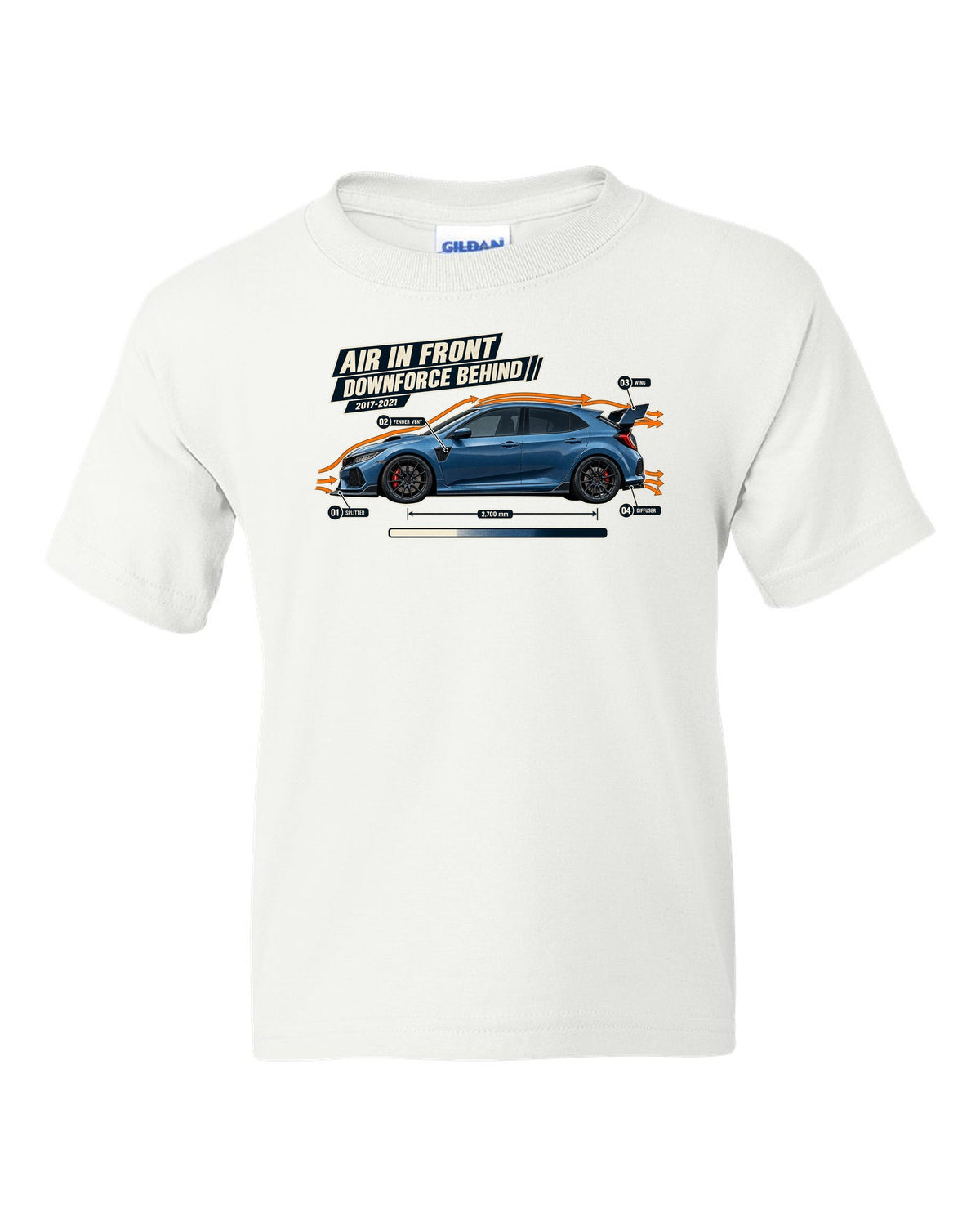 print aero callout drawing of a Boost Blue Honda Civic Type R FK8 white kids tee front view with the design