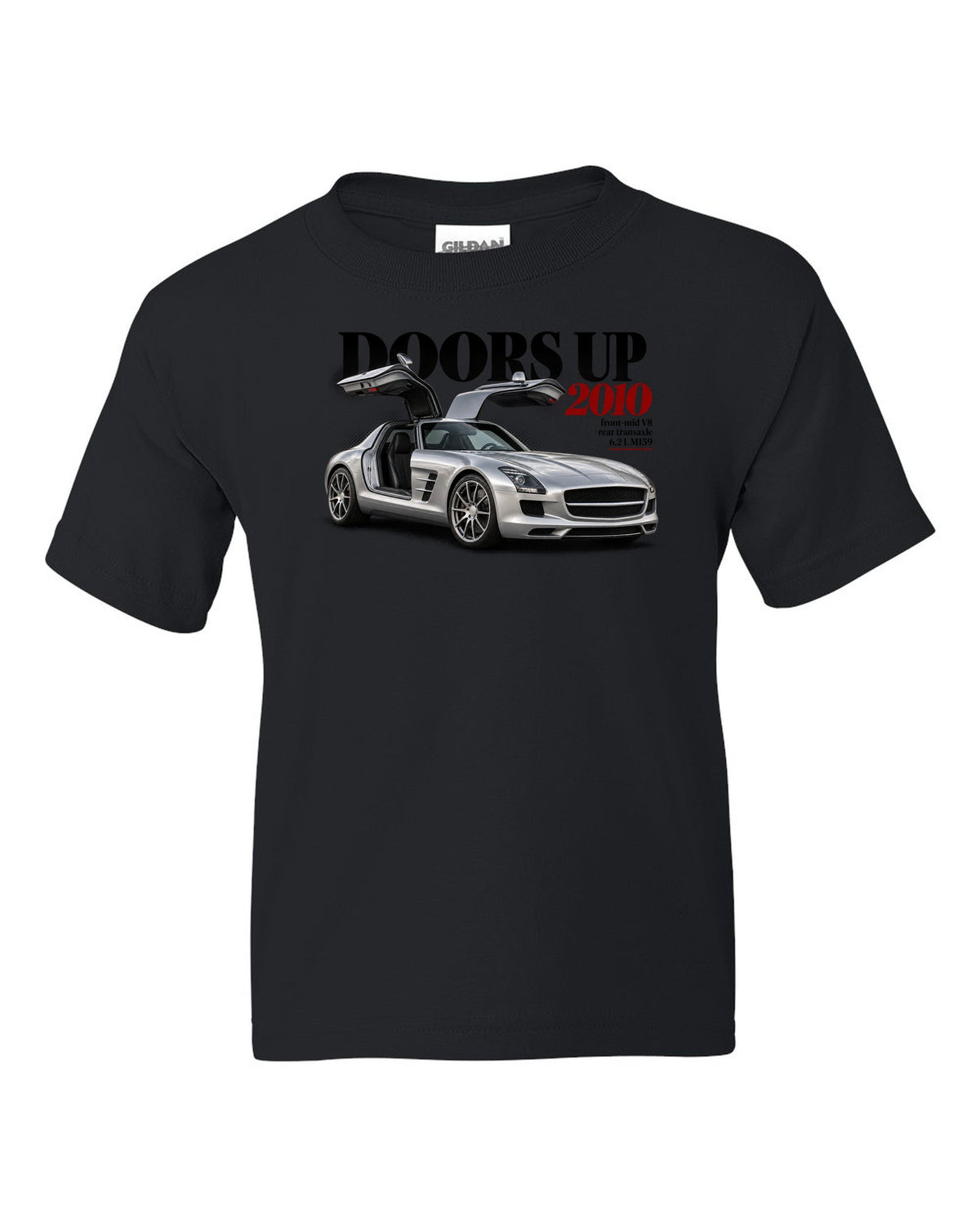 Editorial print of a Mercedes SLS AMG C197 with gullwing doors raised and Doors Up 2010 lettering black kids tee front view with the design