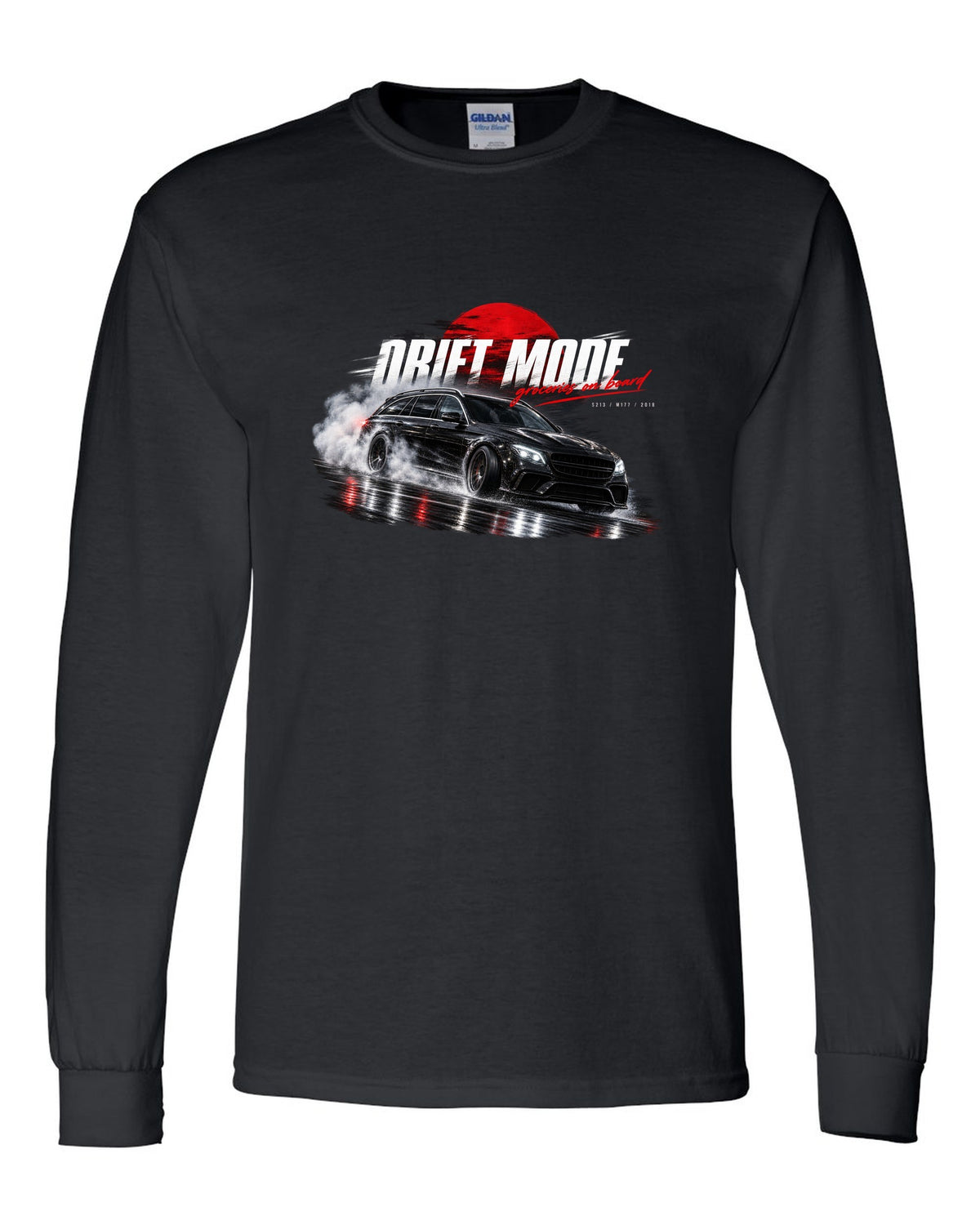 print night drift scene of a 2018 Mercedes E63 S AMG Estate S213 with text Drift Mode groceries on board black long sleeve front view with the design