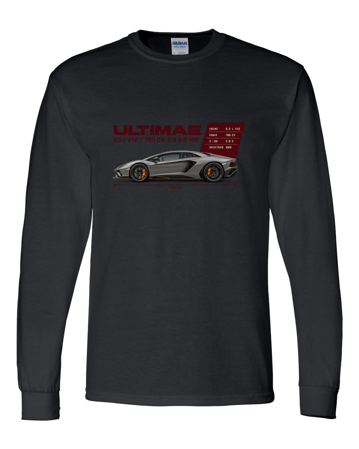 Spec poster print of the Lamborghini Aventador Ultimae with V12 figures black long sleeve front view with the design