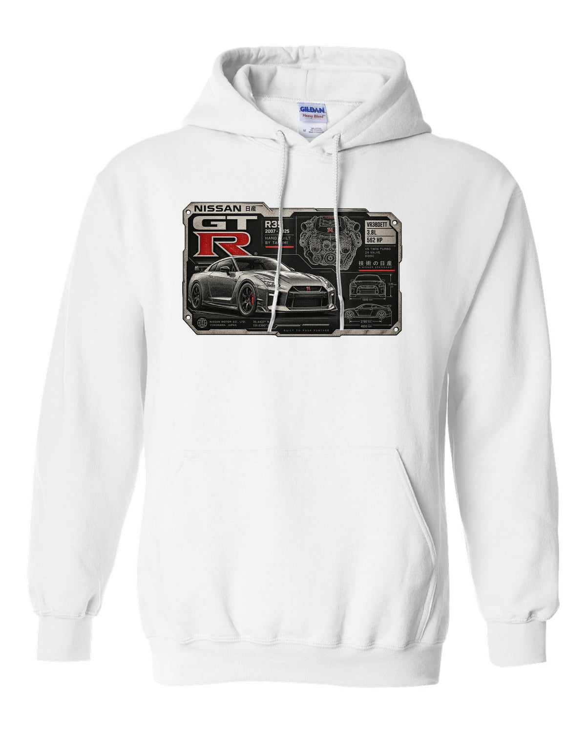 Spec sheet data plate print for the Nissan GT-R R35 showing VR38DETT 3.8L 562 HP white pull over hoodie front view with the design