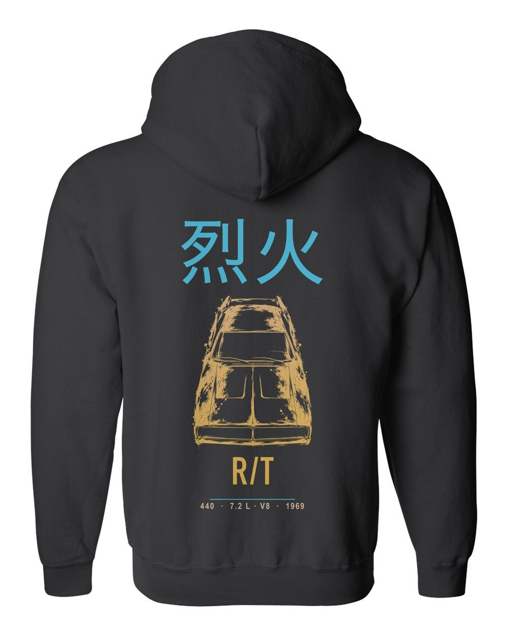 R/T full-back artwork black zip hoodie back view with the design