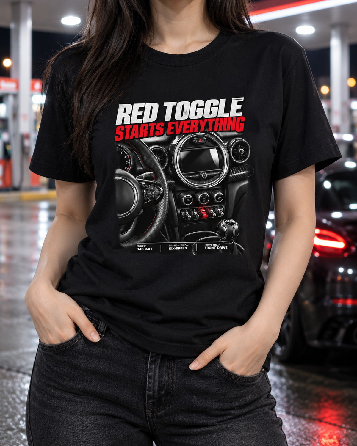 F56 Mini Cooper JCW Red Toggle Cockpit Tee, Interior Print T-Shirt Black worn hero