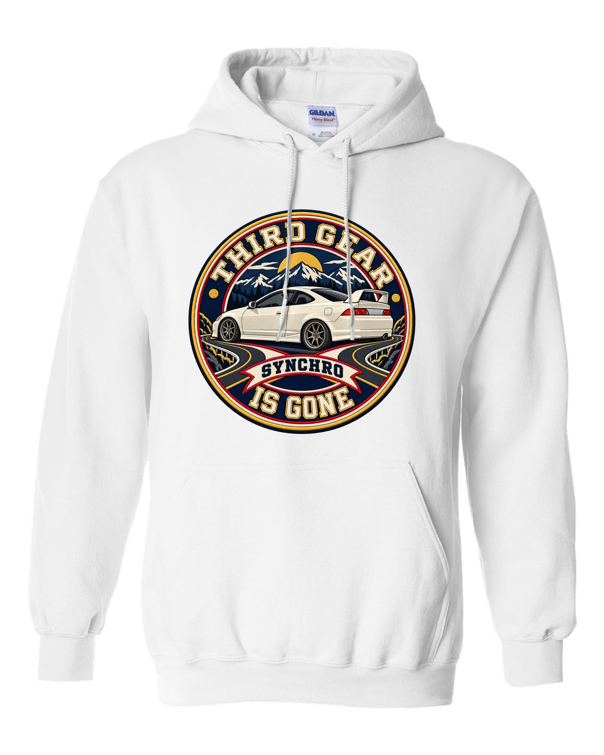 Embroidery patch style print of a 2002 Honda Integra DC5 ch with third gear synchro text white pull over hoodie front view with the design