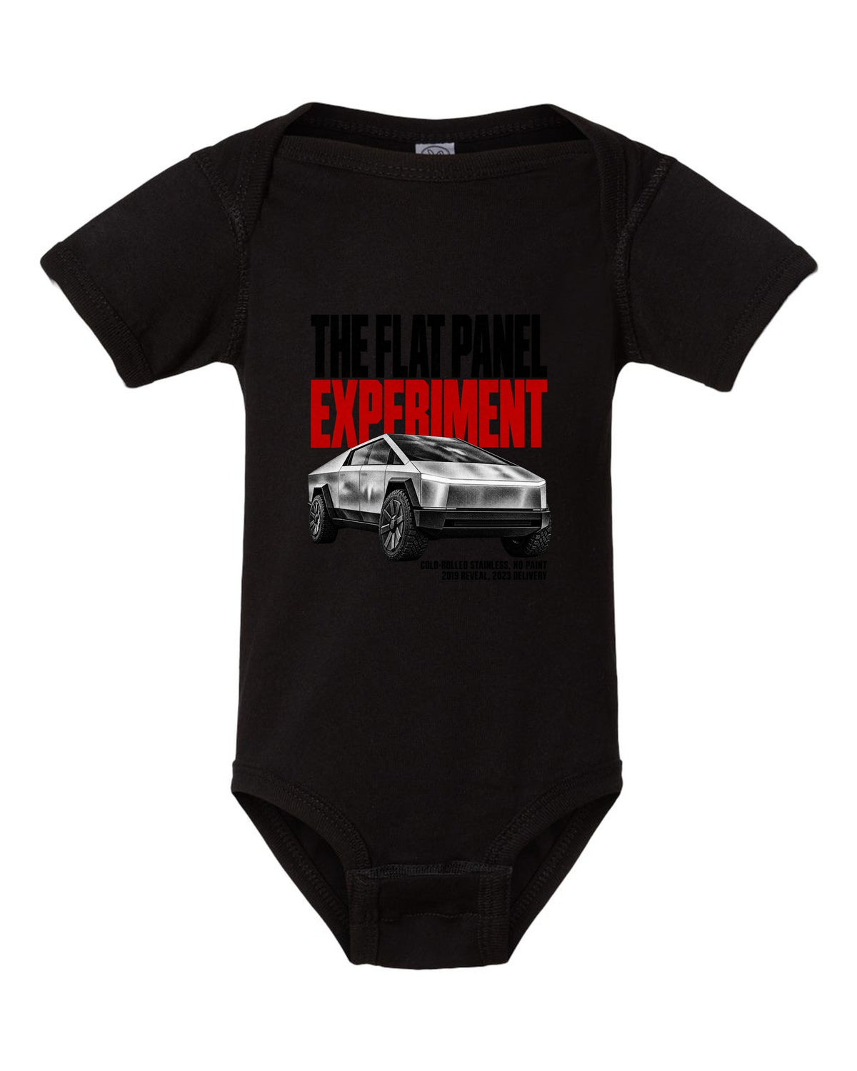 Halftone print of a 2023-24 Tesla Cybertruck with cold-rolled stainless text black baby onesie front view with the design