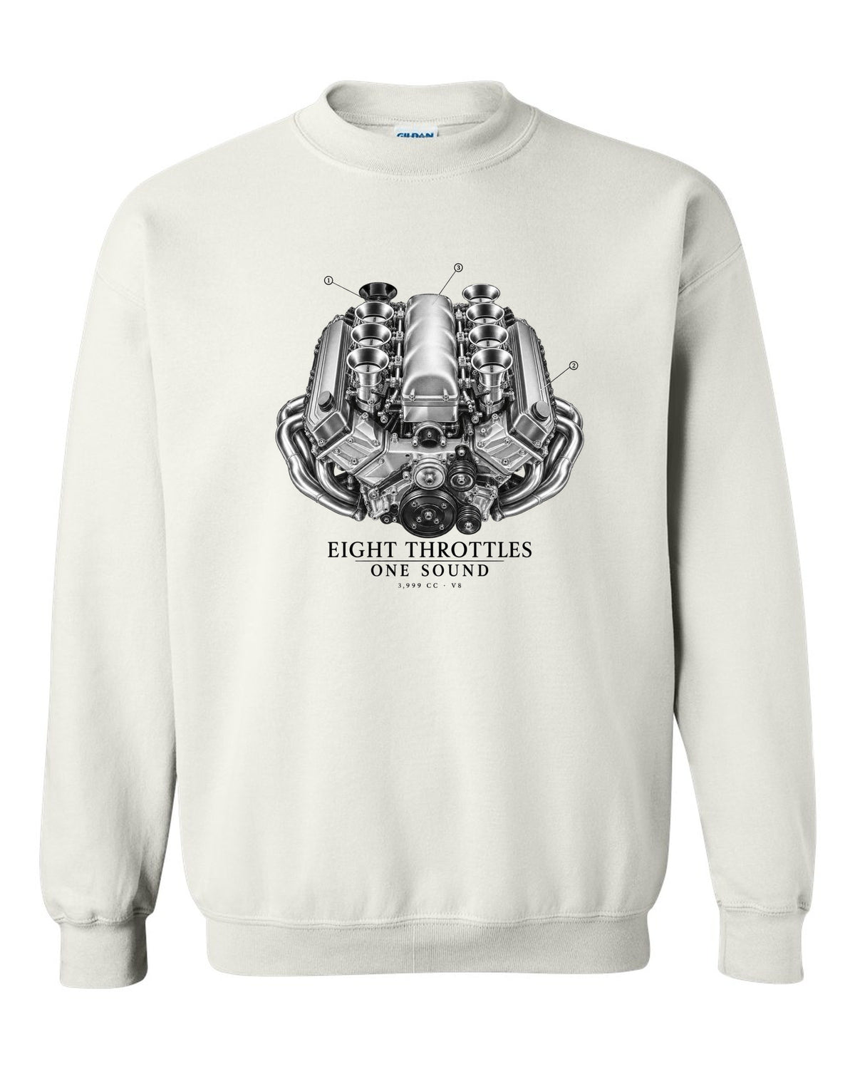 BMW E92 M3 S65 V8 engine illustration print with eight throttles lettering white crewneck front view with the design