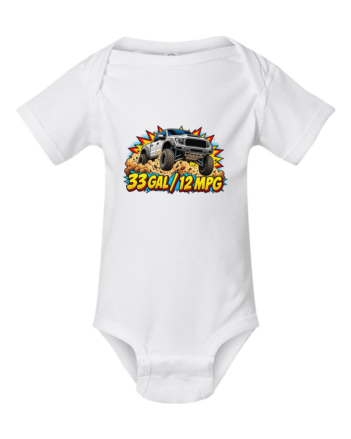 Comic halftone print of an airborne 2021-2024 Ram 1500 TRX with 33 gal 12 mpg text white baby onesie front view with the design