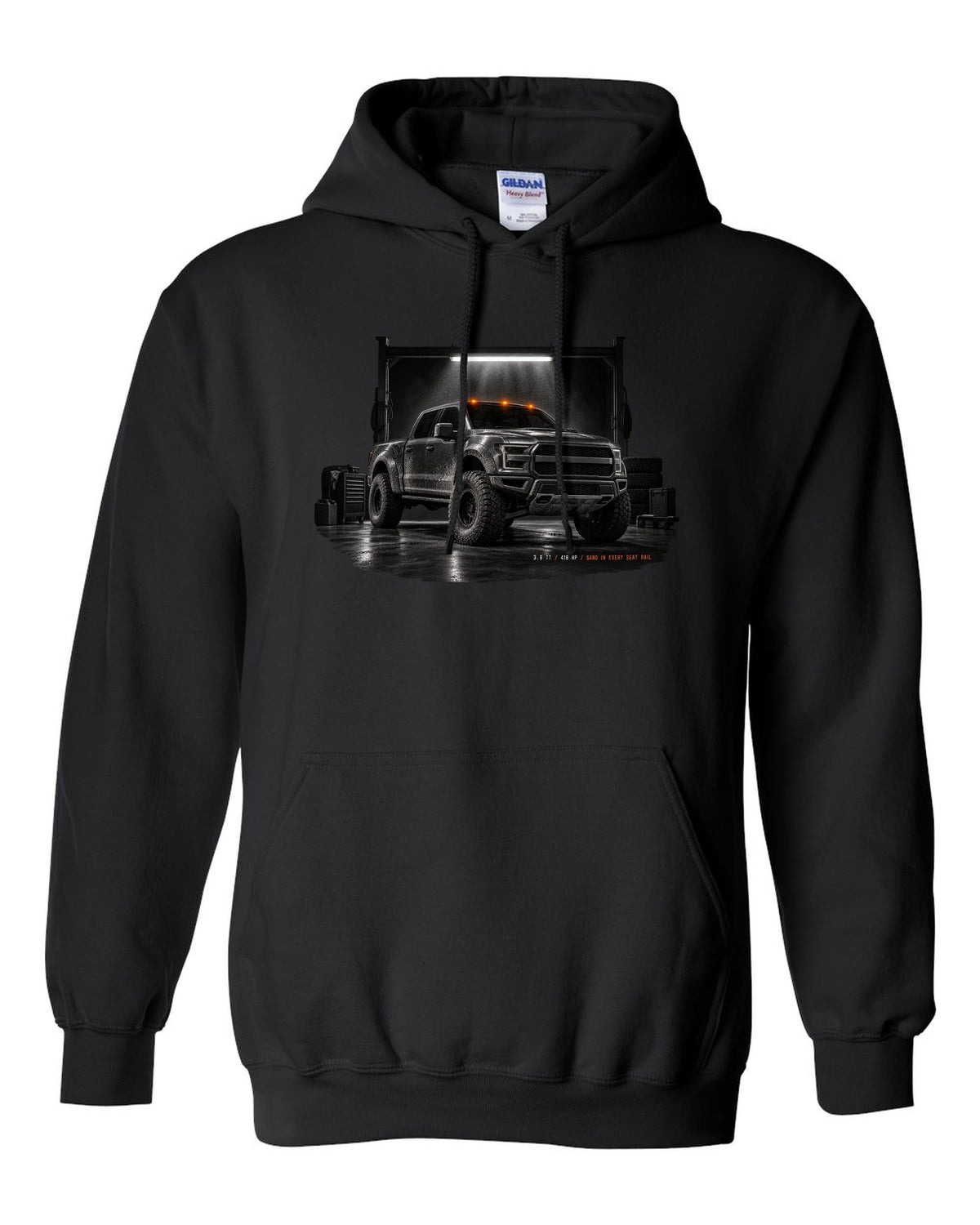 Ford Bronco Raptor 2022 U725 garage night print with 3.0 TT and 418 HP text black pull over hoodie front view with the design