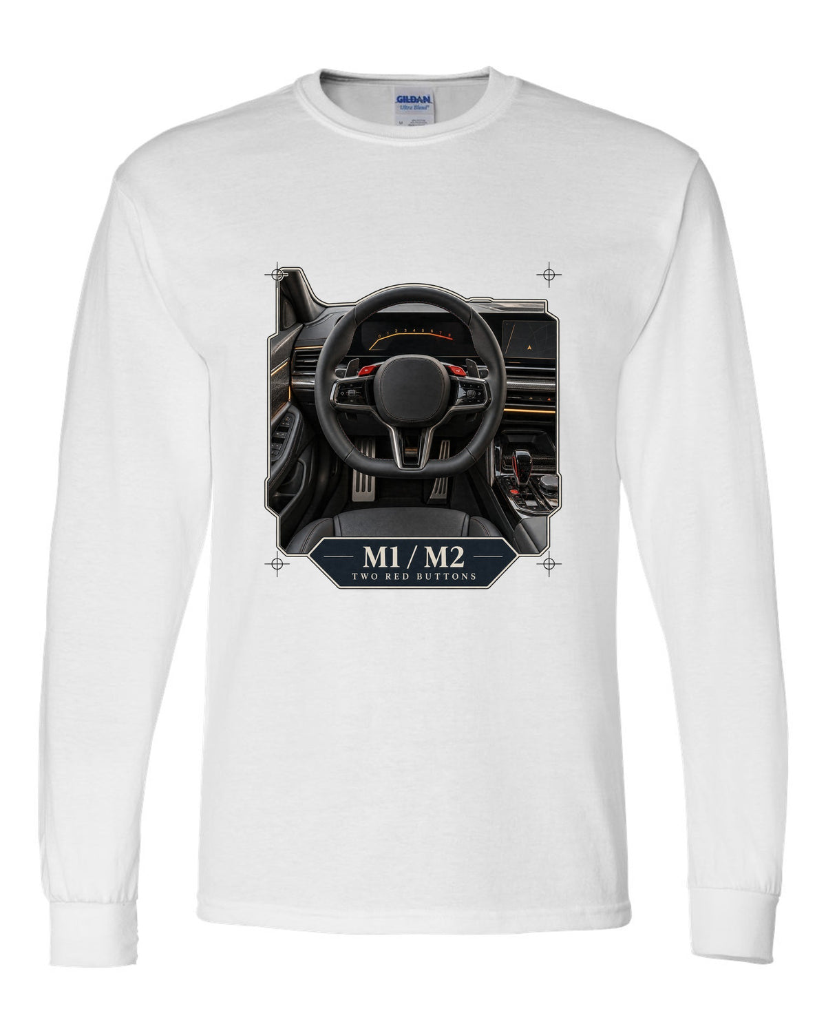 BMW M5 G90 cockpit and gauge cluster print on a tee white long sleeve front view with the design
