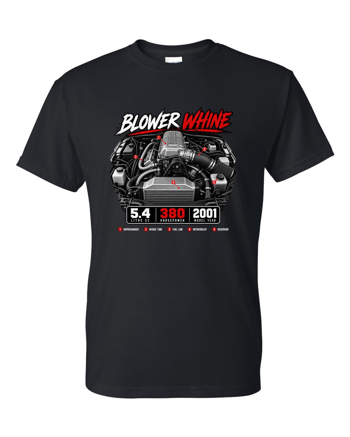 Ford F-150 SVT Lightning 1999-2004 engine hero print with blower whine and 5.4 SC black t-shirt front view with the design